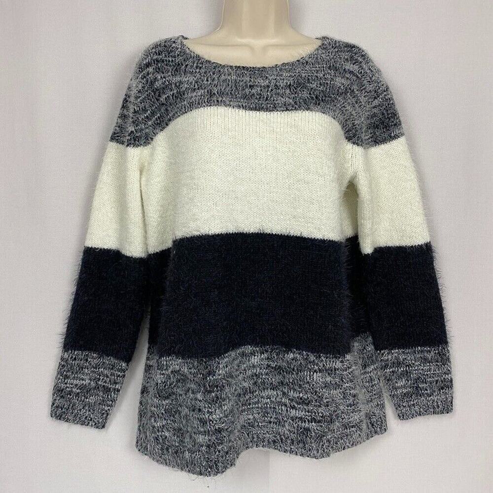 Venus Sweater Medium Womens Colorblock Stripe Fluffy Eyelash Knit Neutral Chunky